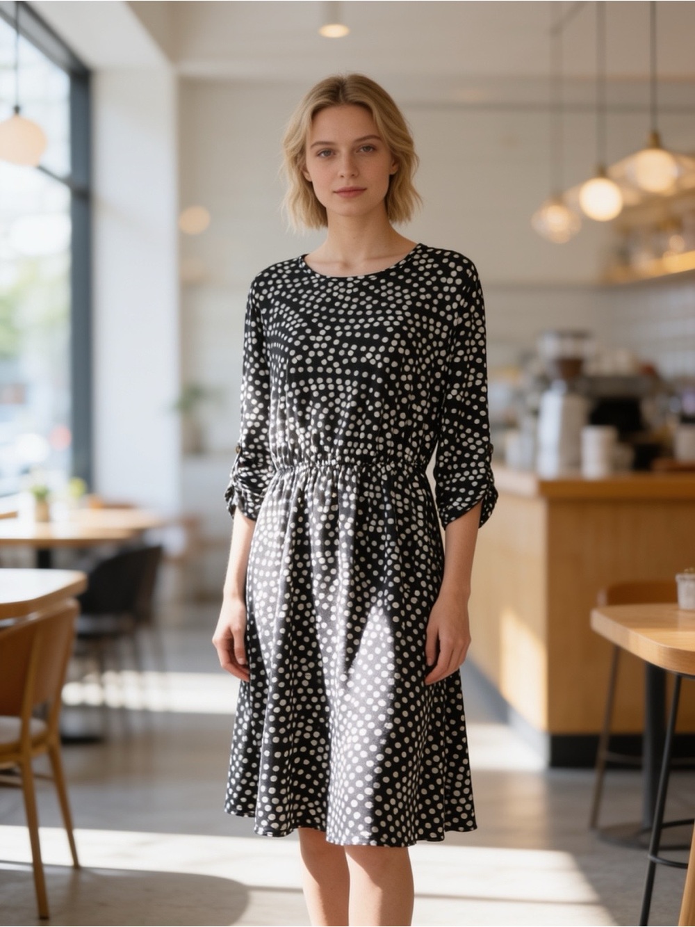French Grey Black White Polka Dot Fit & Flare Midi Dress XL